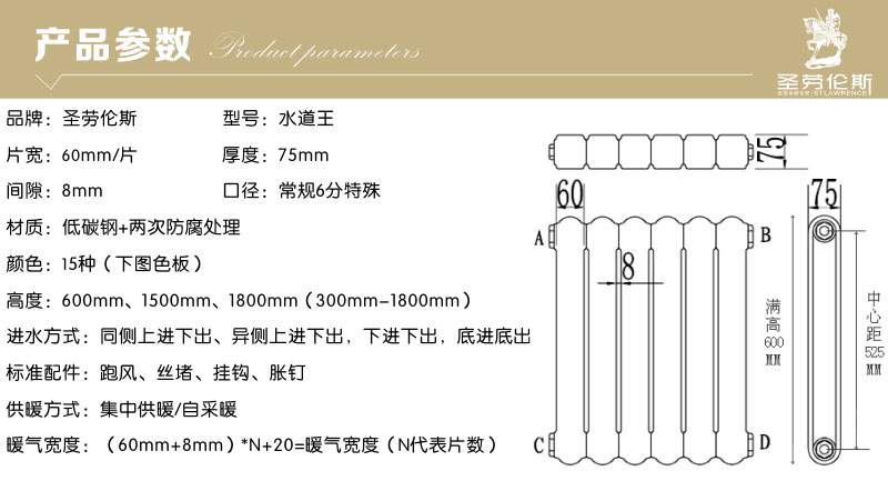 圣劳伦斯钢制6075水道王暖气片参数1