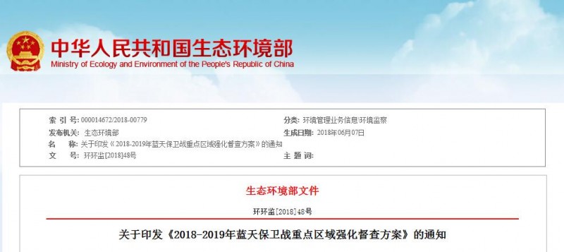 2018-2019年蓝天保卫战重点区域强化督查方案》