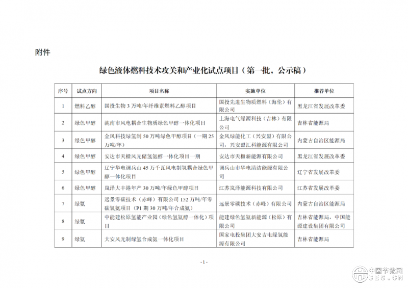 国家能源局综合司关于公示绿色液体燃料技术攻关和产业化试点项目（第一批）的通知